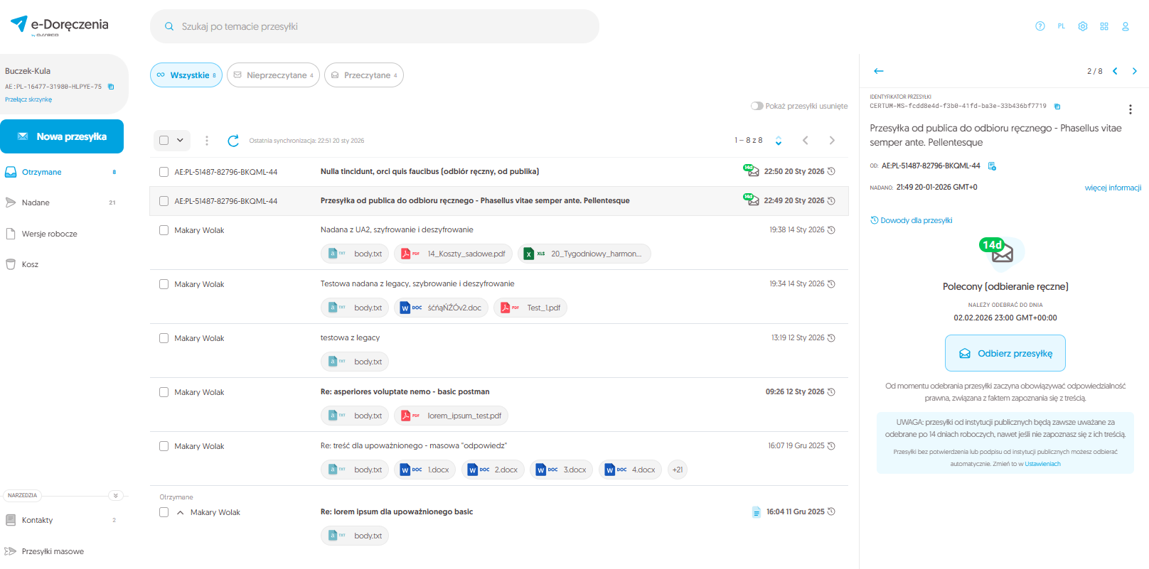 Widok przesyłki przed odbiorem ręcznym - widoczny przycisk ,,Odbierz przesyłkę".