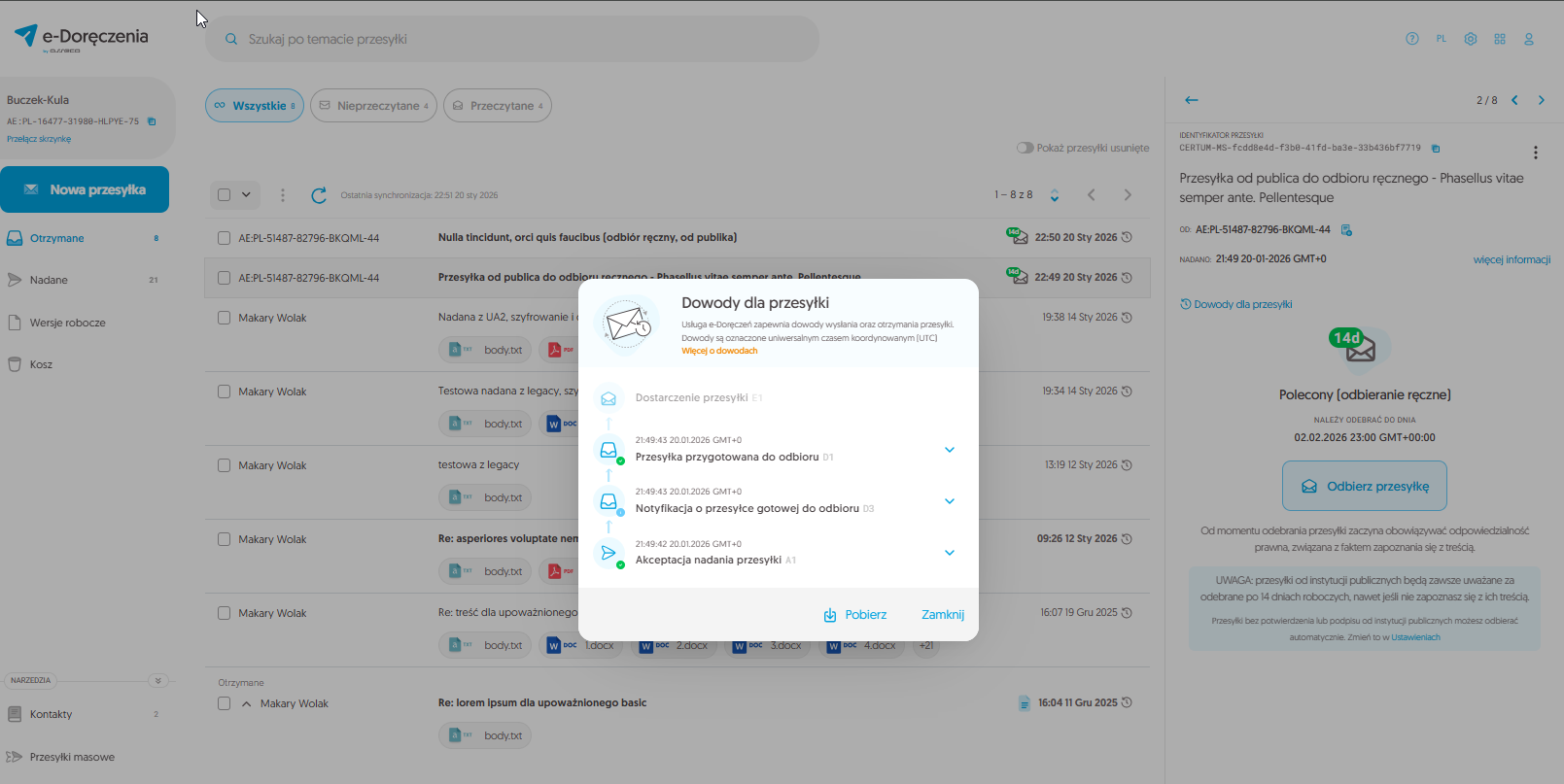 Widok przesyłki przed odbiorem ręcznym - widoczny przycisk ,,Odbierz przesyłkę" i brak dowodu E1.