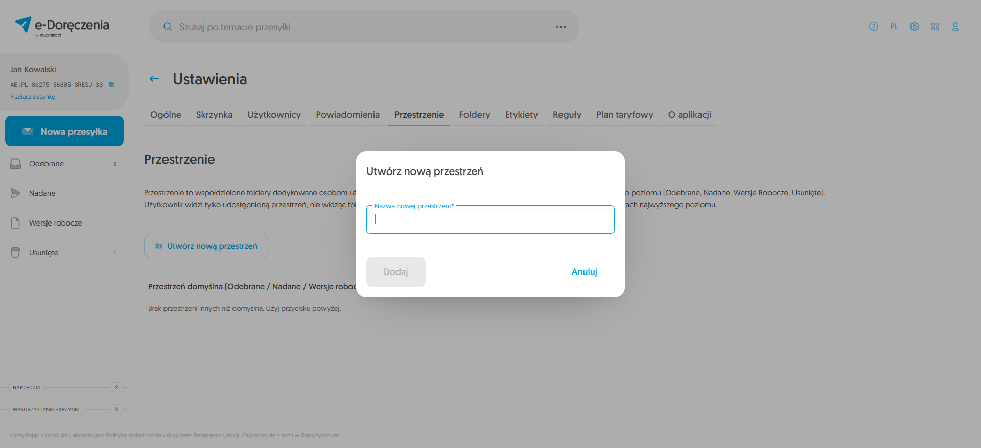 Ustawienia - Zakładka - ,,Przestrzenie" - dodawanie nowej przestrzeni